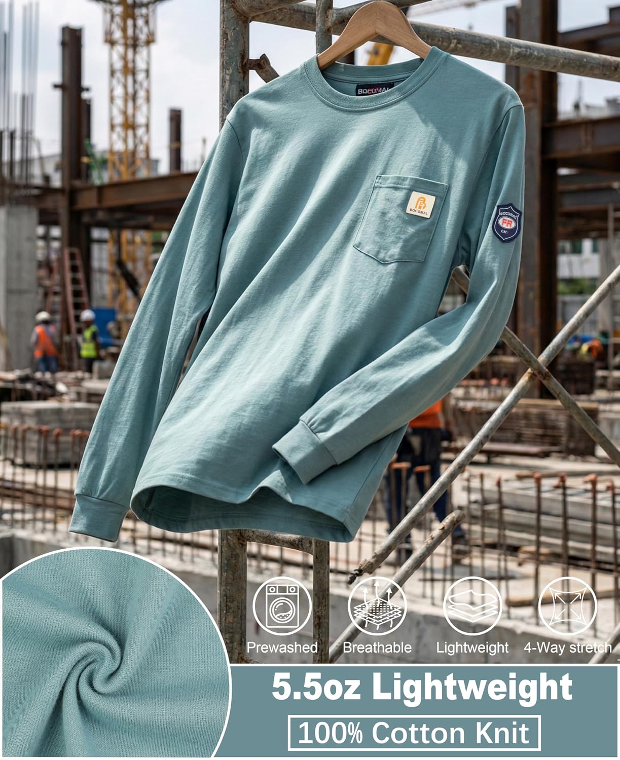 BOCOMAL FR Shirts Lightweight Classic Crew Long Sleeve Fire Resistant Shirt CAT2