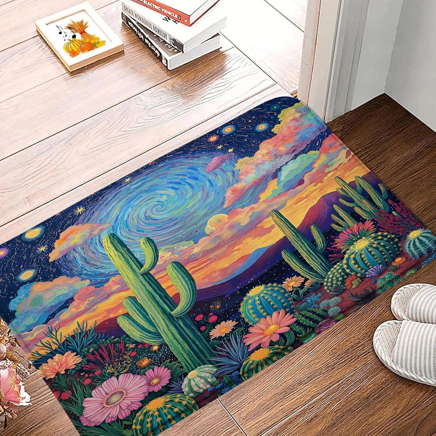Cactus Bath Mat Green Desert Succulent Botanical Flowers Cactus Colorful Starry Sky Boho Watercolor Bathroom Decor Rug Doormat Toilet Floor Rug,24x48 Inch