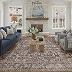 Hugear 8x10 Machine Washable Vintage Area Rug Neutral Brown Distressed Floral Low Pile Rug Non Slip Soft Indoor Large Carpet for Living Room Bedroom Dining Office