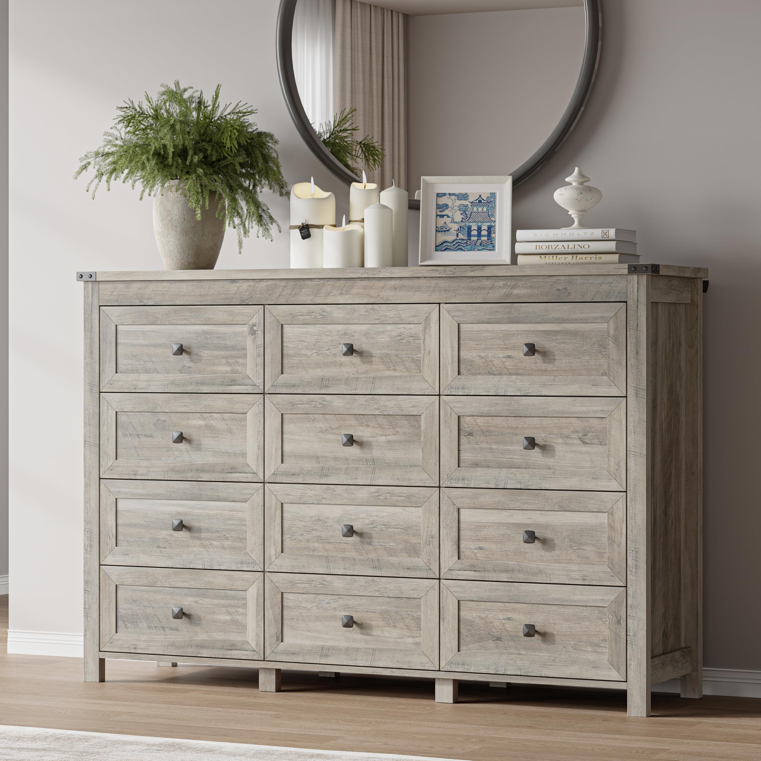 BORNOON 12-Drawer Dresser, Modern Wooden Storage Chest of Drawers, Dresser TV Stand, Wood Drawer Organizer with Metal Handles for Bedroom, Living Room, Hallway