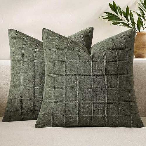 Woaboy Linen Check Throw Pillow Covers Set of 2 - Olive Green Farmhouse Modern Boho Vintage Decorative Cushion Covers Spring Home Decor for Sofa Couch Bedroom Living Room 18x18 Inch