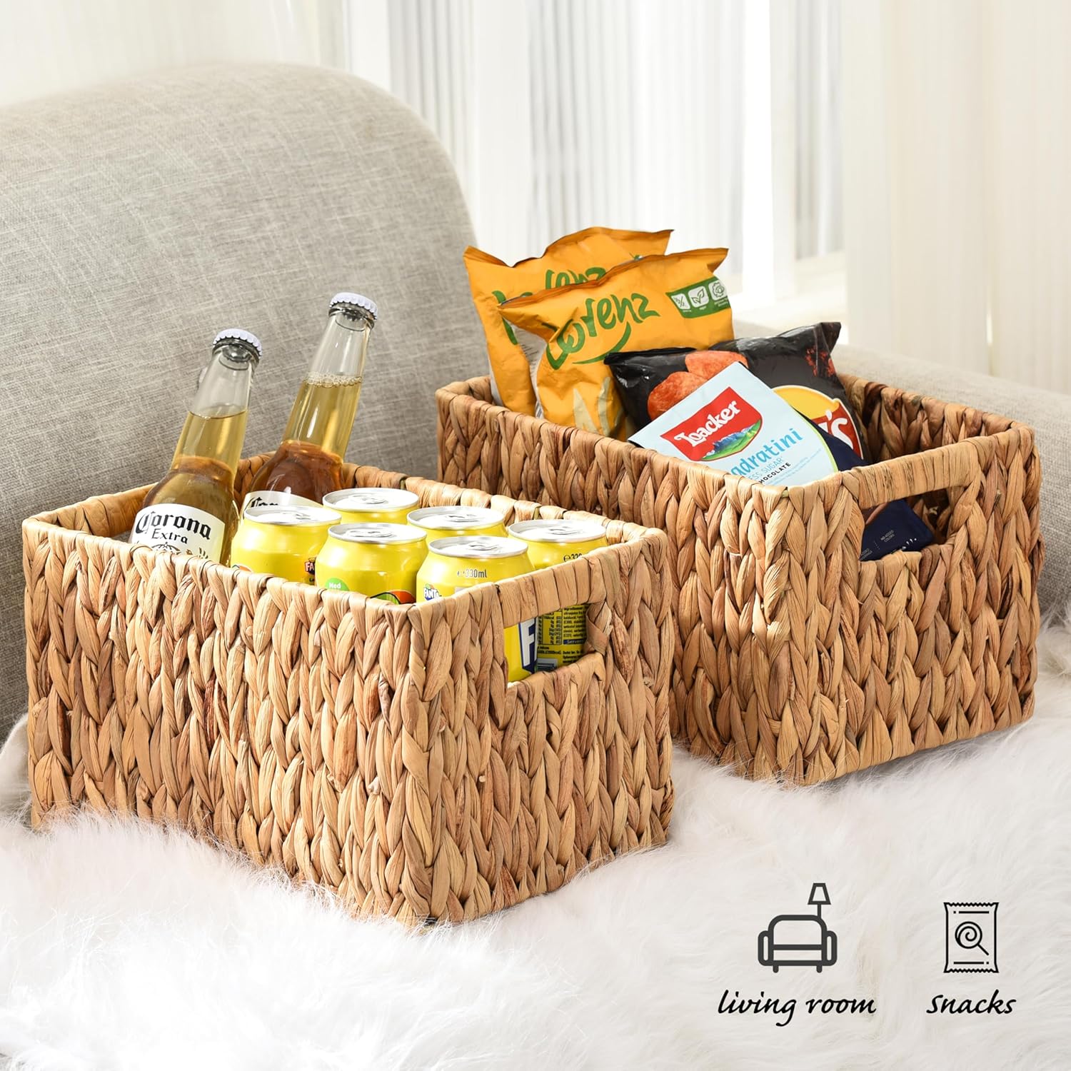 ELONG HOME Water Hyacinth Rectangular Wicker Baskets, 12" Wicker Basket 2 Pack, Woven Storage Baskets with Handles - Image 7