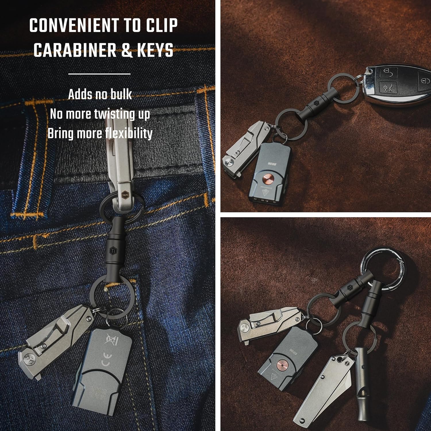 KeyUnity Titanium Detachable Key Ring Connector Double End Swivel Keychain Rotating Key Organizer Link for Carabiner