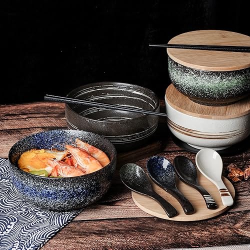 Miniatura 8 de Tazones grandes de cerámica para ramen de 38 onzas, 2 juegos (8 piezas), cuencos de ramen japonés, tazón de sopa, cuencos de fideos con cucharas y