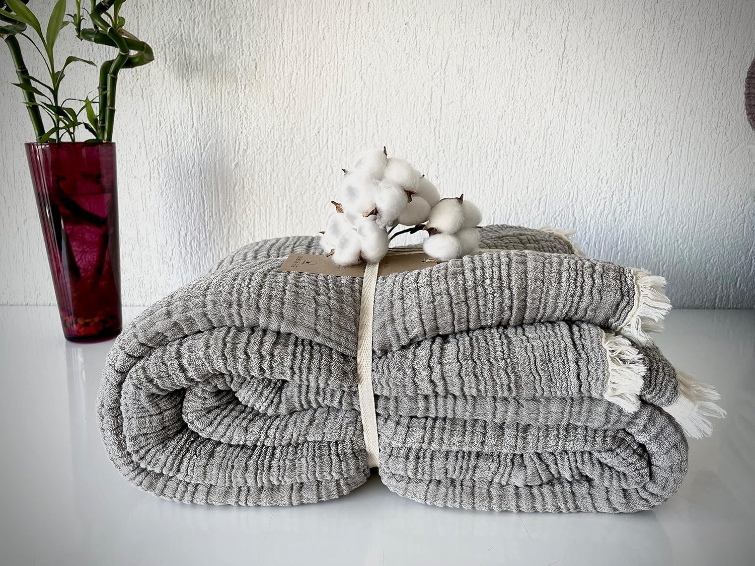 100% Cotton Muslin Blanket, 4 Layers Bedspread, Soft Turkish Cotton Muslin Bed Cover, Reversible Coverlet (Full/Queen Size 91x95-230x240cm)