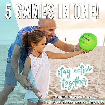 Franklin Sports Fun 5 Combo Outdoor Game Set - Backyard, Beach + Camping Games for Kids - Badminton, Volleyball, Flip Toss, Flying Disc - Horseshoes or Ring Toss