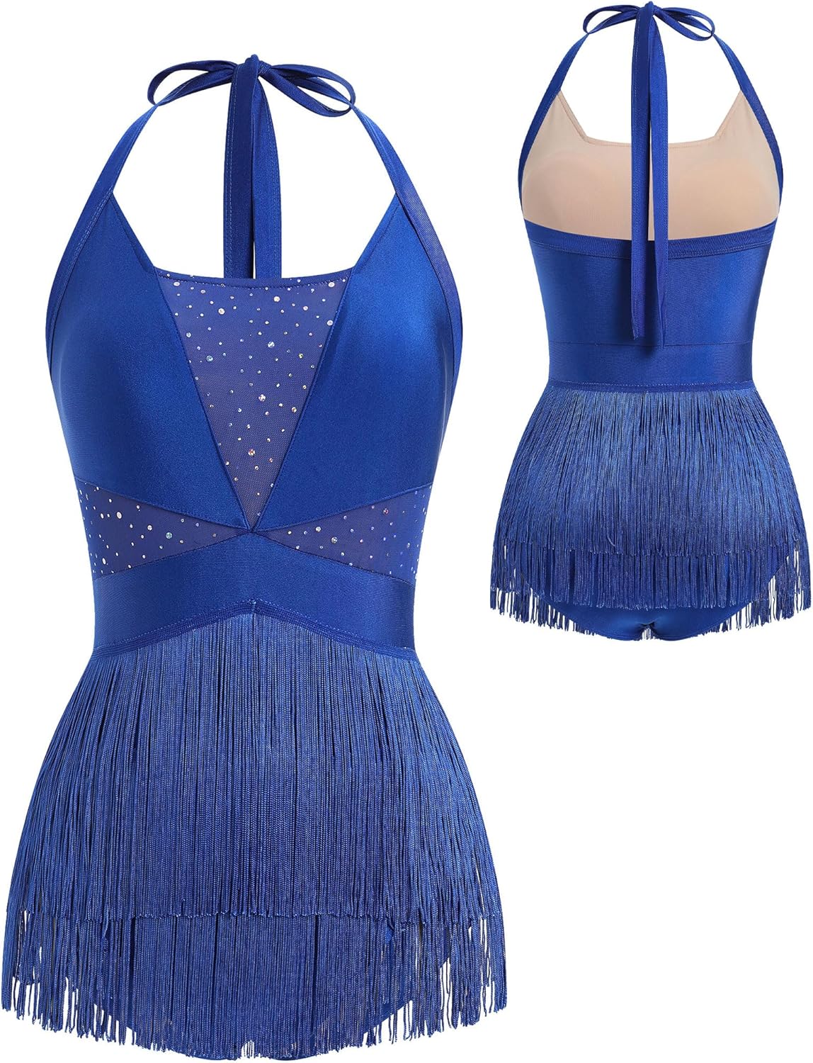 ODASDO Woman Latin Dance Costume Mesh Sequin Bodysuit Sparkly Jumpsuit Halter Neck Tassel Fringe Romper Mini Dress XS-XL