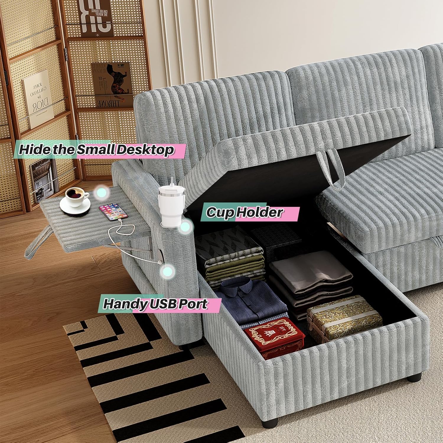 Sleeper Sectional Sofa, 110" Modern U Shaped Couch with Pull Out Bed, Convertible Corduroy Cloud Sofa with Double Storage Chaise, USB, Small Desktop, Comfy Modular Couch for Living Room, Light Gray