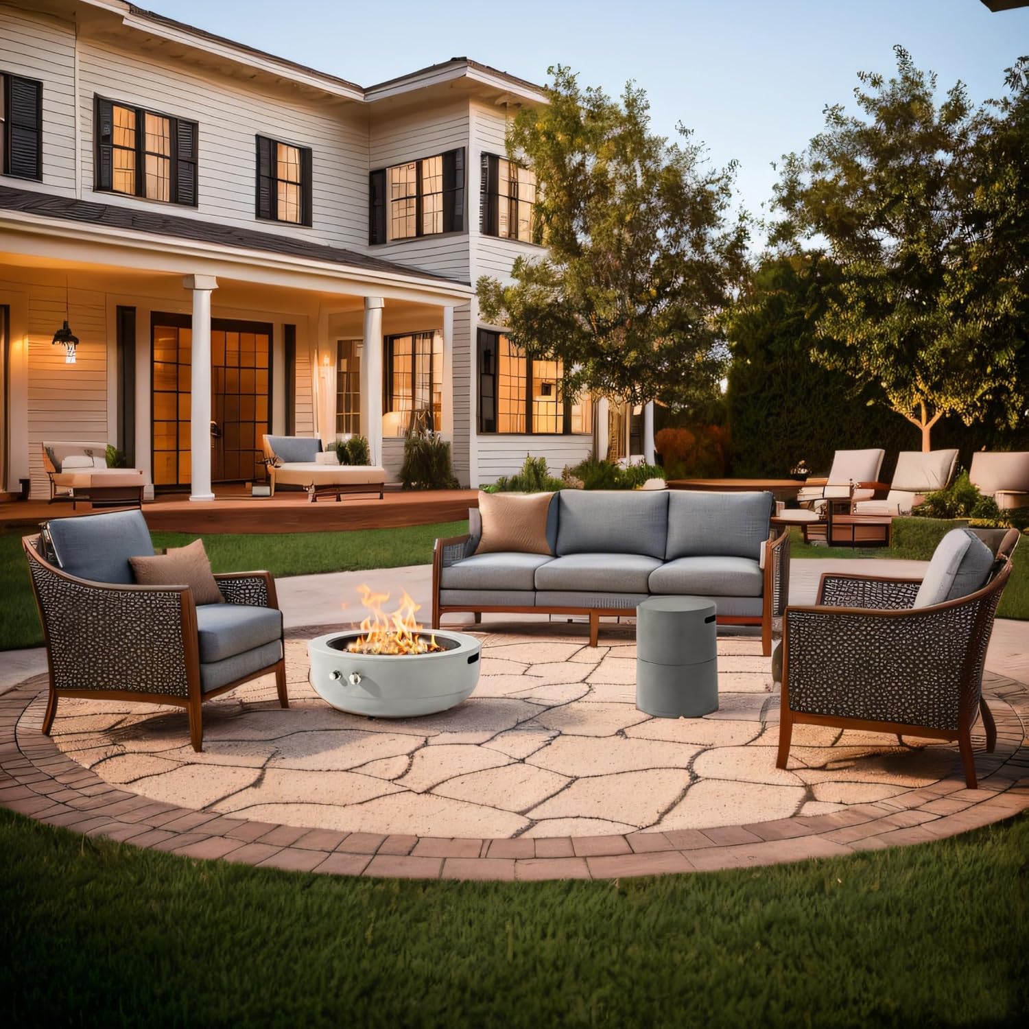 24'' Round Propane Fire Pit Table, Outdoor Steel Firepit with Lava Rocks - Compact Patio Heater for Deck, Balcony, Small Backyard (Tank Not Included).