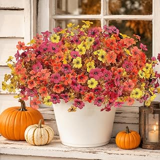 人工フェイクママ 秋の花 屋外 ホーム 秋 ポーチ装飾 | フェイクマムズシルクデイジーUV耐性外観本物の色あせないプラスチックフラワープラント12束。屋外プランター/フロントパティオヤード用。