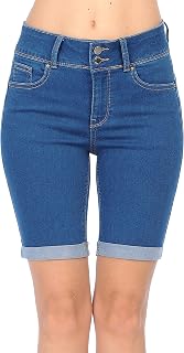 Women's Juniors Butt I Love You High Rise Push-Up 2 Button Bermuda Denim Shorts