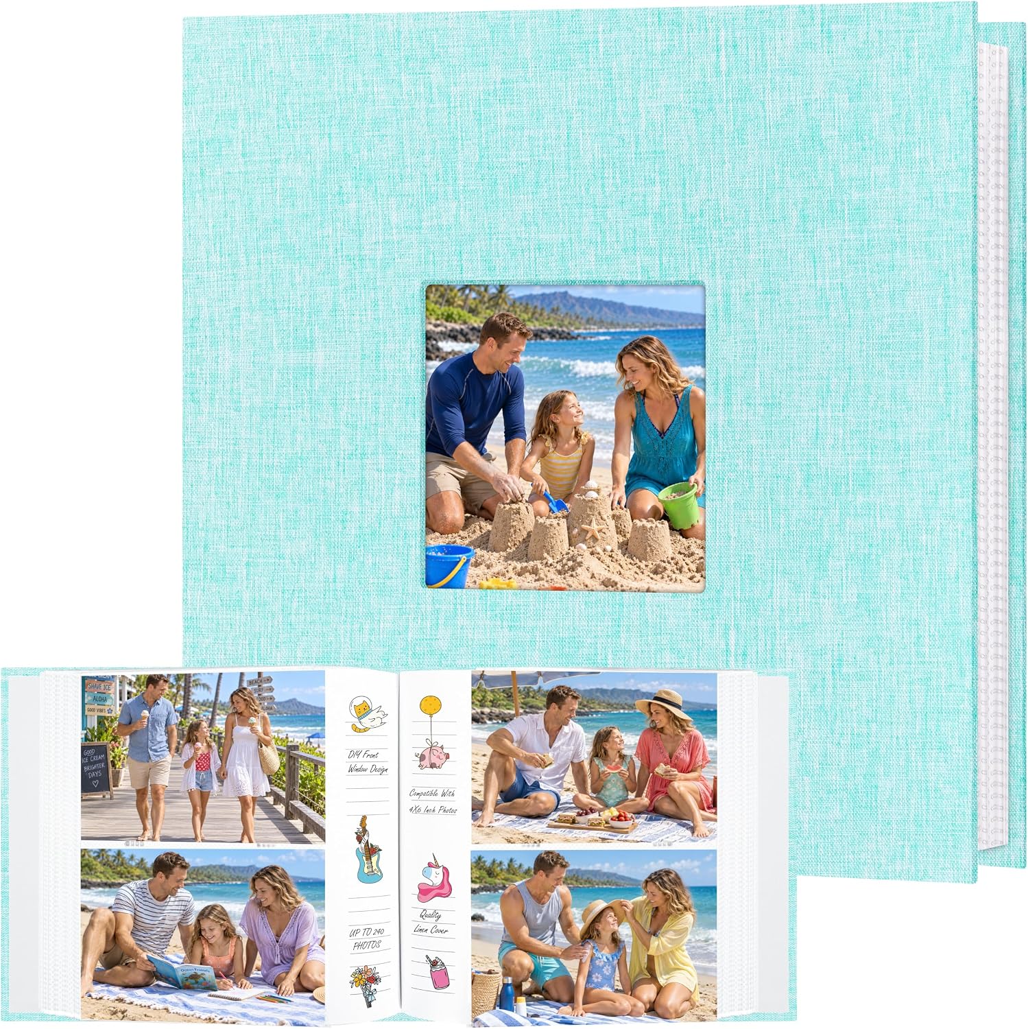 4x6 Photo Album Holds 240 Photos Writing Space, Linen Cover, Green