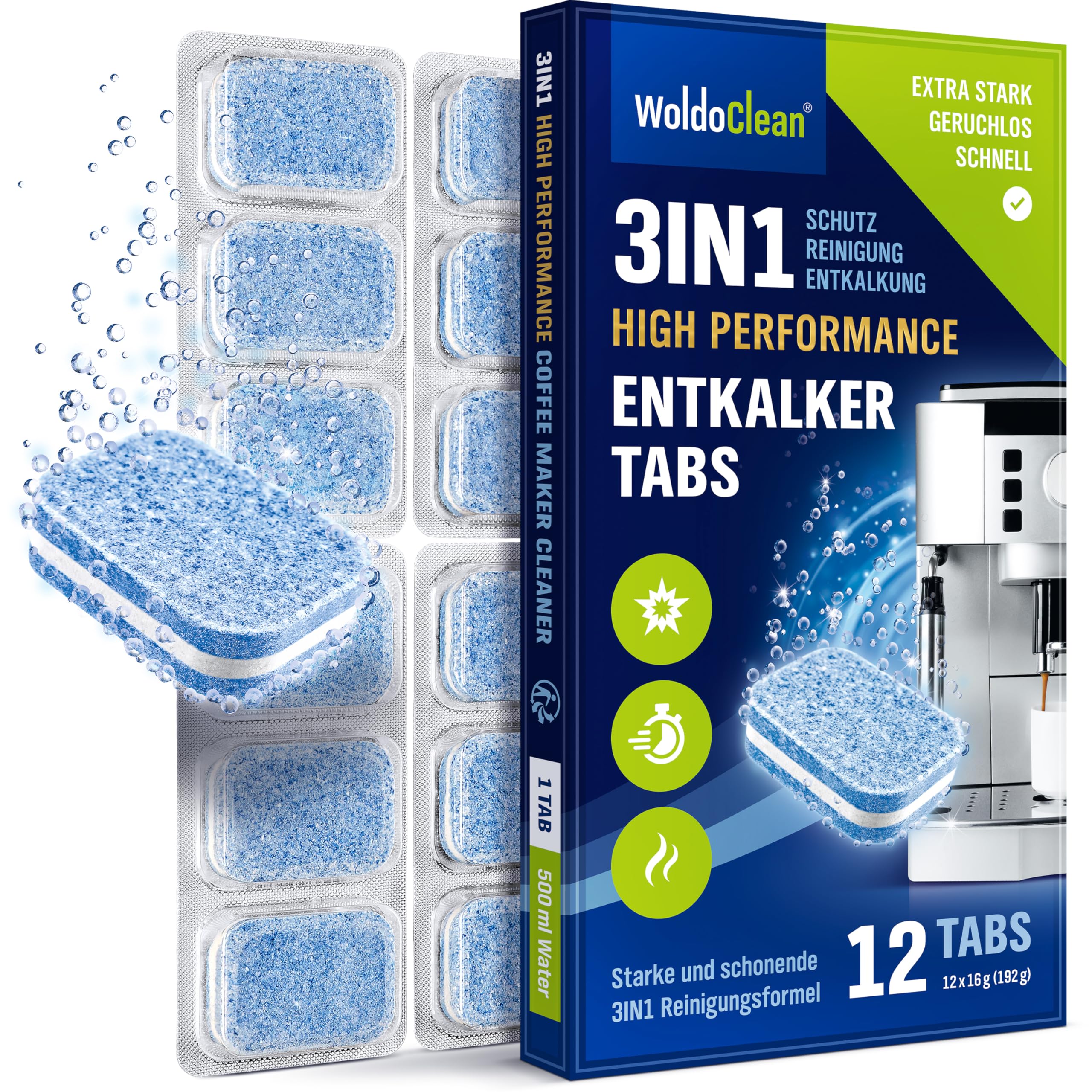 WoldoClean 3in1 Entkalkungstabletten Kaffeevollautomat 12 Stück - luftdicht im Blister, Entkalker Tabs kompatibel mit DeLonghi, Siemens, Jura & Philips