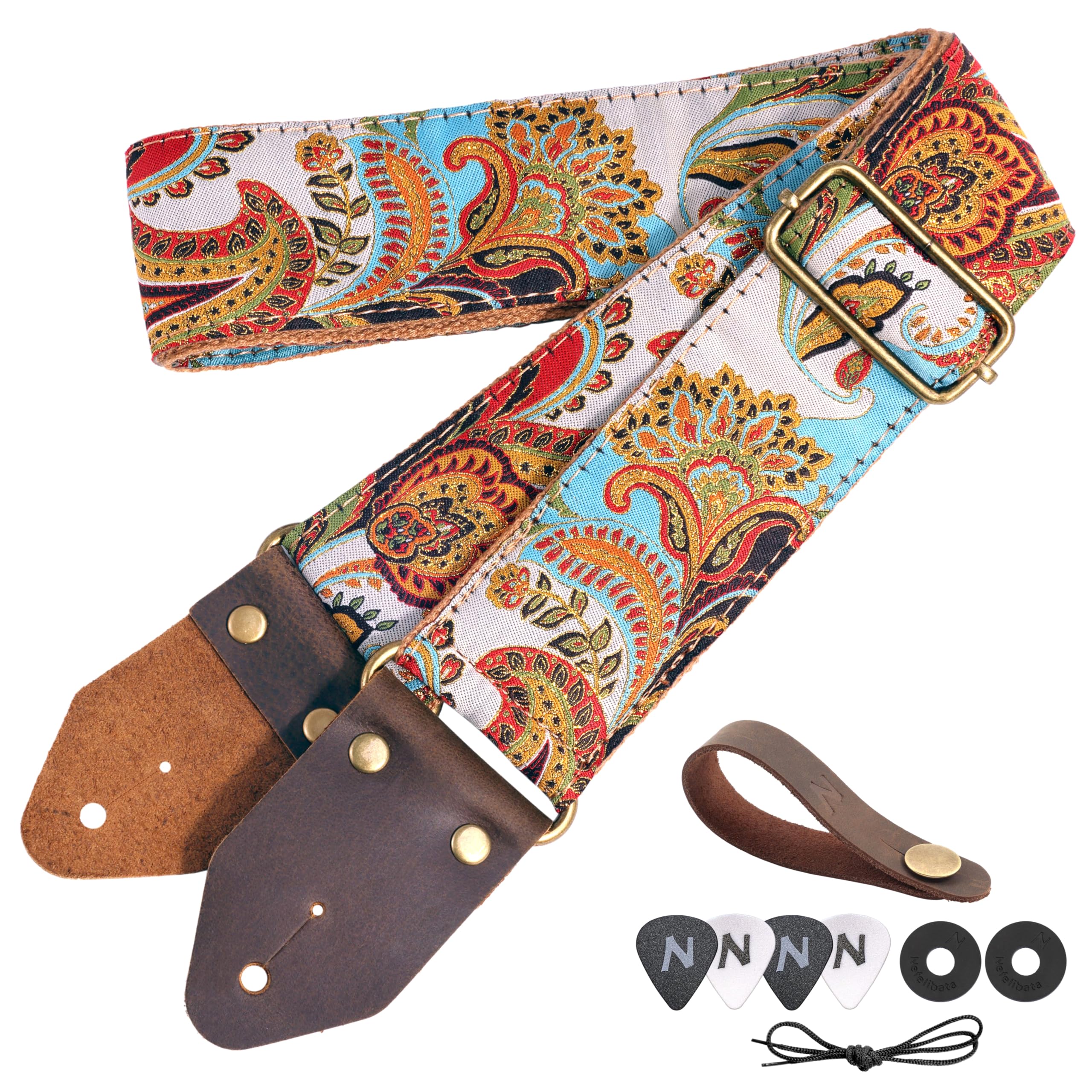 Nefelibata Guitar Strap,Crazy Horse Leather Jacquard Embroidery Cotton Guitar Straps for Bass Electric & Acoustic