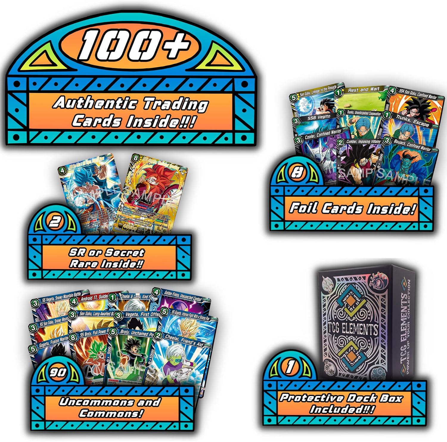 Dragon Ball Super Masters Starter Bundle | 100x Authentic Cards | 90x C/UC | 8X Foils | 2X SR/ALT | TCG Elements Deck Box Compatible with Cards