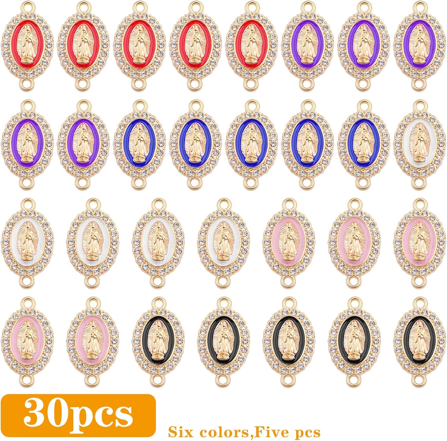30pcs Alloy Enamel Virgin Mary Charms Links Rhinestones Our Lady Miraculous Medal Charms Crucifix Connection Bracelet Pendant for DIY Necklace Jewelry Making, 6 Colors - Image 2