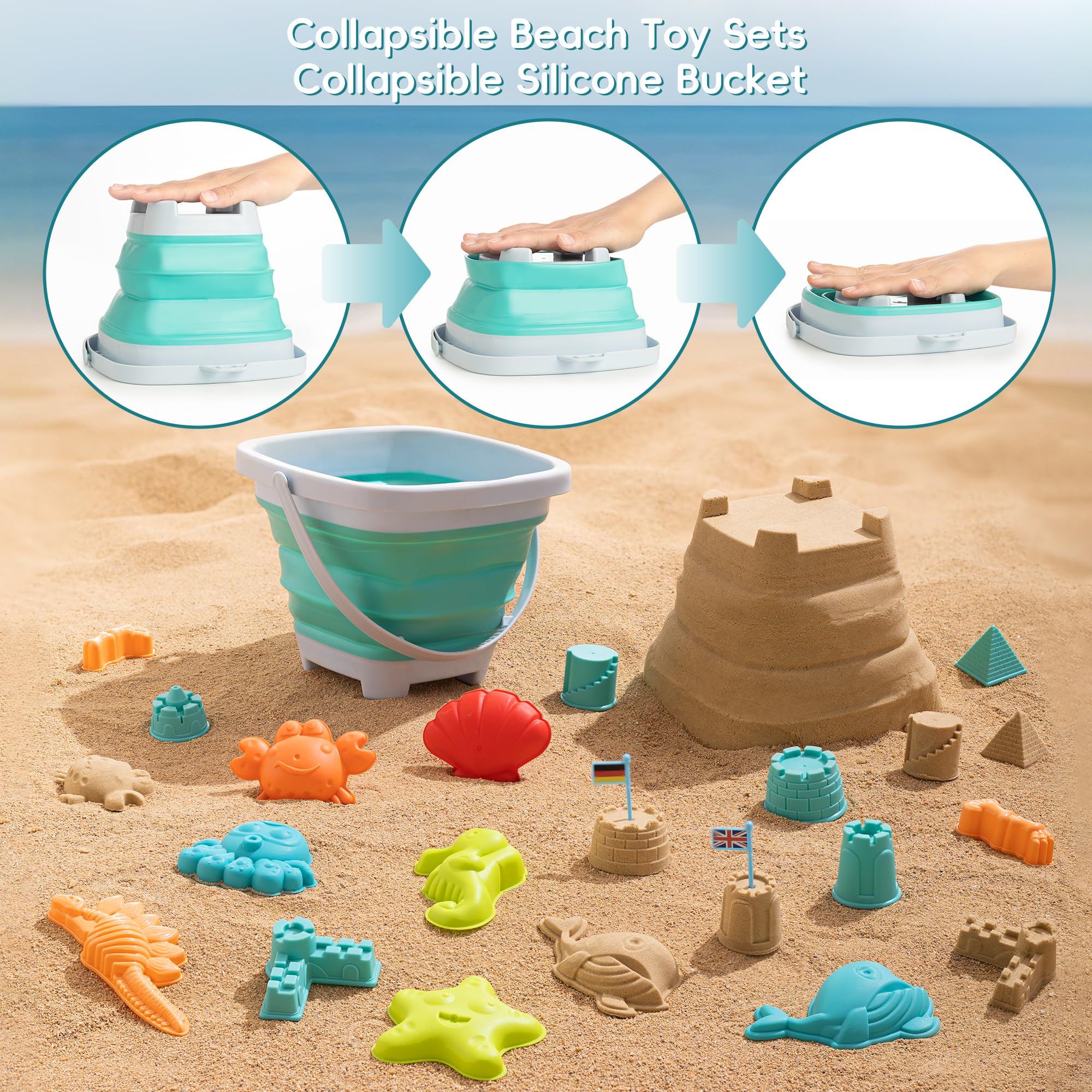 Beach Toys for Kids - Sand Toys Set Includes Collapsible Bucket Shovel and Mesh Bag 19 PCS, Toddlers Sandbox Toys Sandcastle Building Kit (Kids Beach Toy Set)