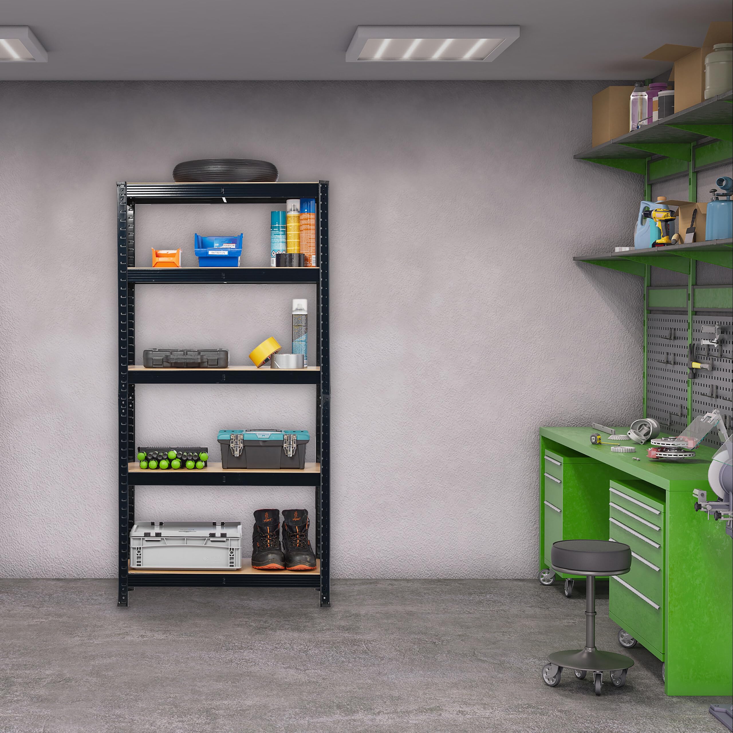 Relaxdays Estantería Carga Pesada, 150 x 75 x 30 cm, 875 kg, 5 Baldas, Montaje de Encaje, Sótano, Garaje, Acero, Negro
