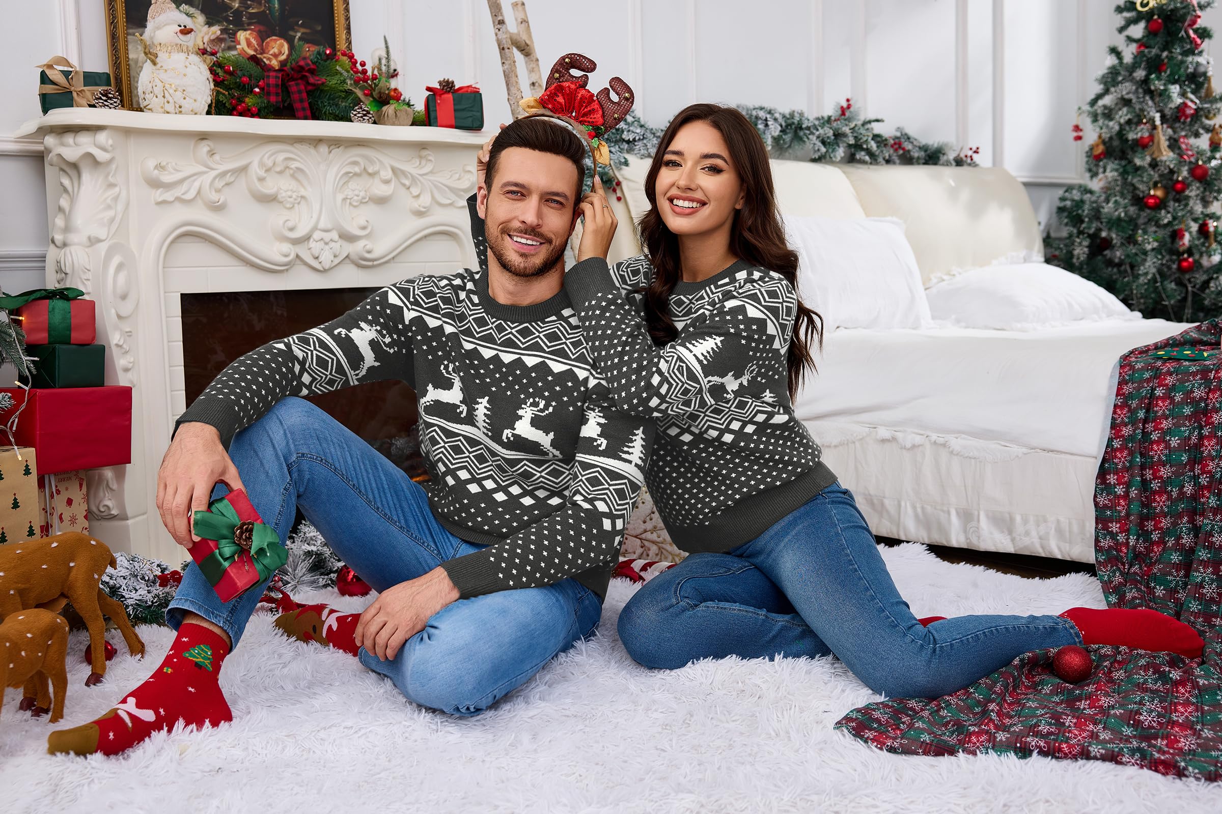 Pull de Noël Homme en Maille Motif Renne | Motif renne et sapin, col rond et manches longues pour les fêtes, les soirées d’hiver et les cadeaux de Noël.