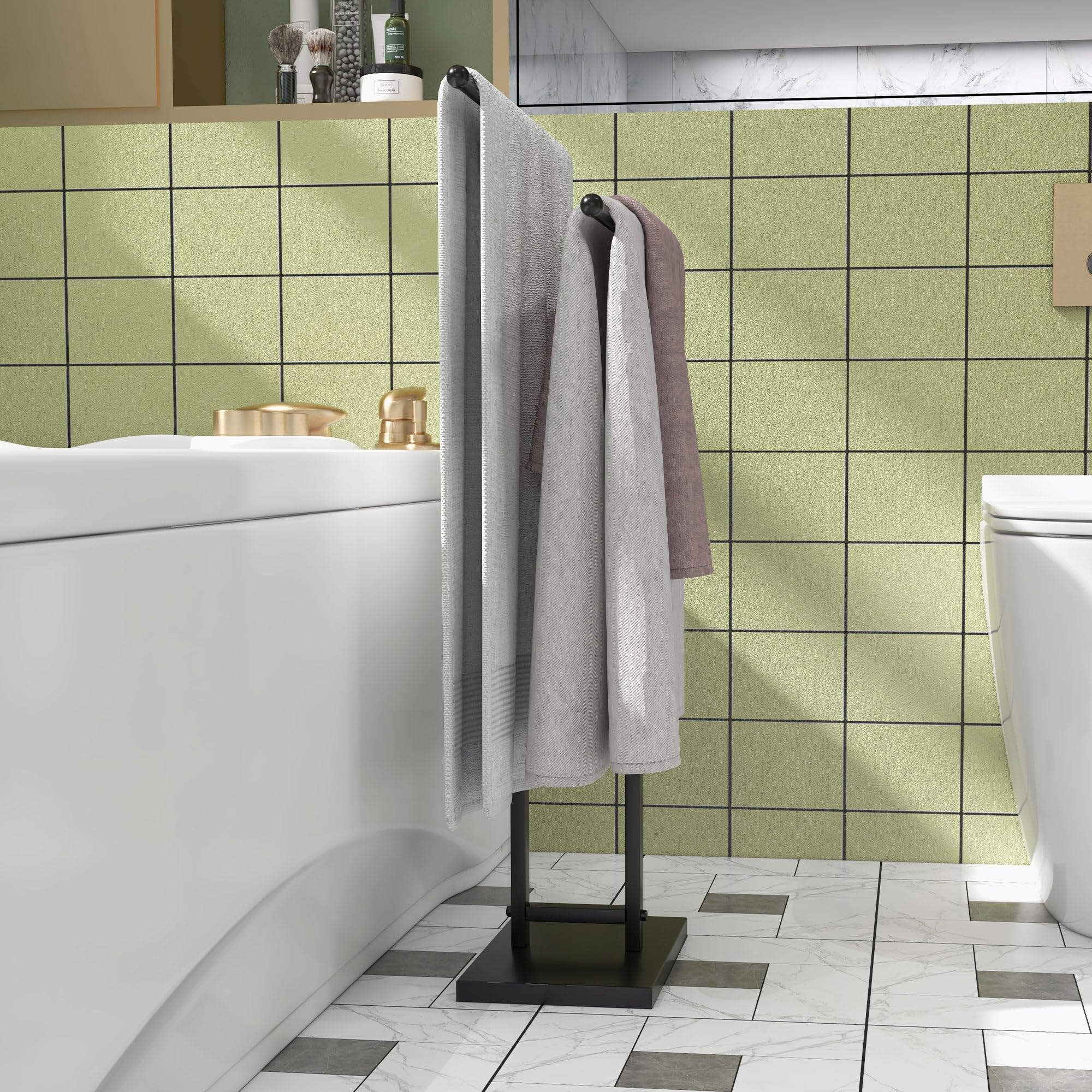 HOMCOM Porte-Serviettes sur Pied sèche Serviette 2 Niveaux en métal Support pour Serviette pour la Salle de Bain, dim. 50l x 18,5P x 85H cm, Noir