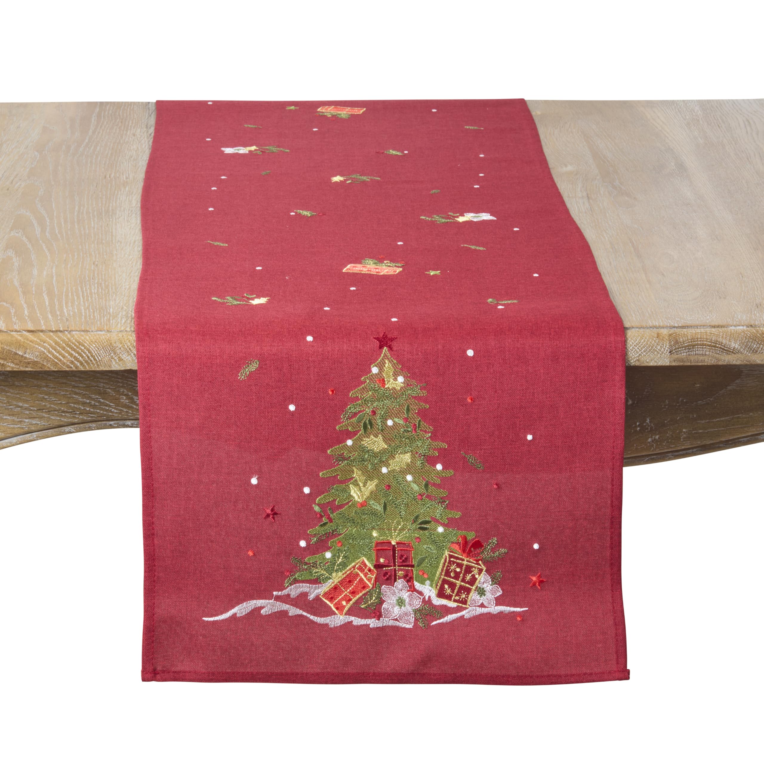 SARO LIFESTYLE Embroidered Christmas Tree Table Runner - Holiday Table Runner for Christmas Dining, Festive Winter Entertaining, Seasonal Table Décor, and Holiday Party Tablescapes, 16"x70", Red