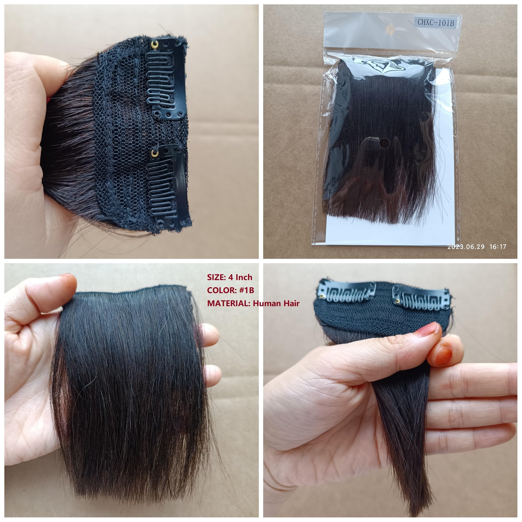 FEIPRO Real Human Hair Silky Straight Short Hair Extensions Hair Volume Insert Clip Natural Invisible Lady Parts Frontal Bangs Toppers for Women Men Thinning Hair Short Hair 4"#1B Natural Black - Image 2