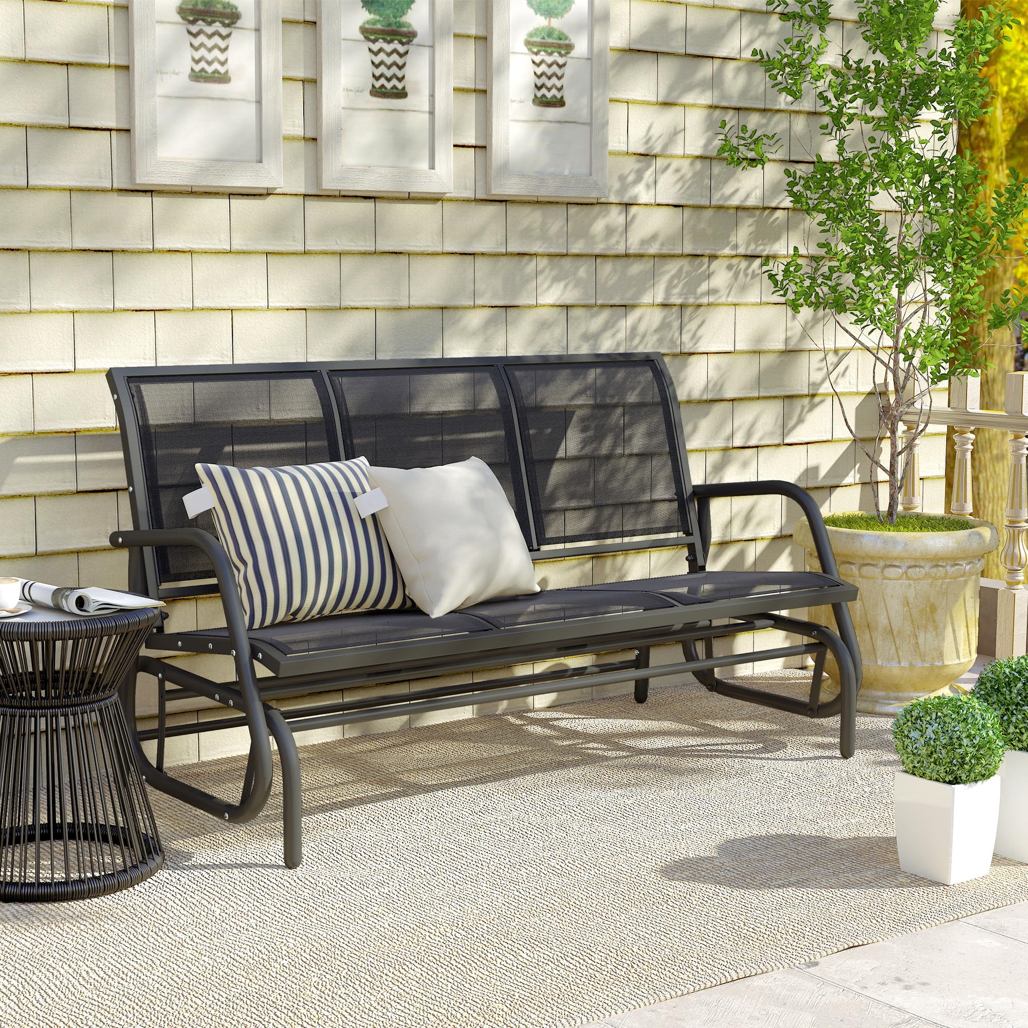 Outsunny Banco de Jardín Exterior de 3 Plazas Mecedora de Exterior con Reposabrazos Carga 300 kg para Terraza Balcón Patio 147x70x85 cm Negro