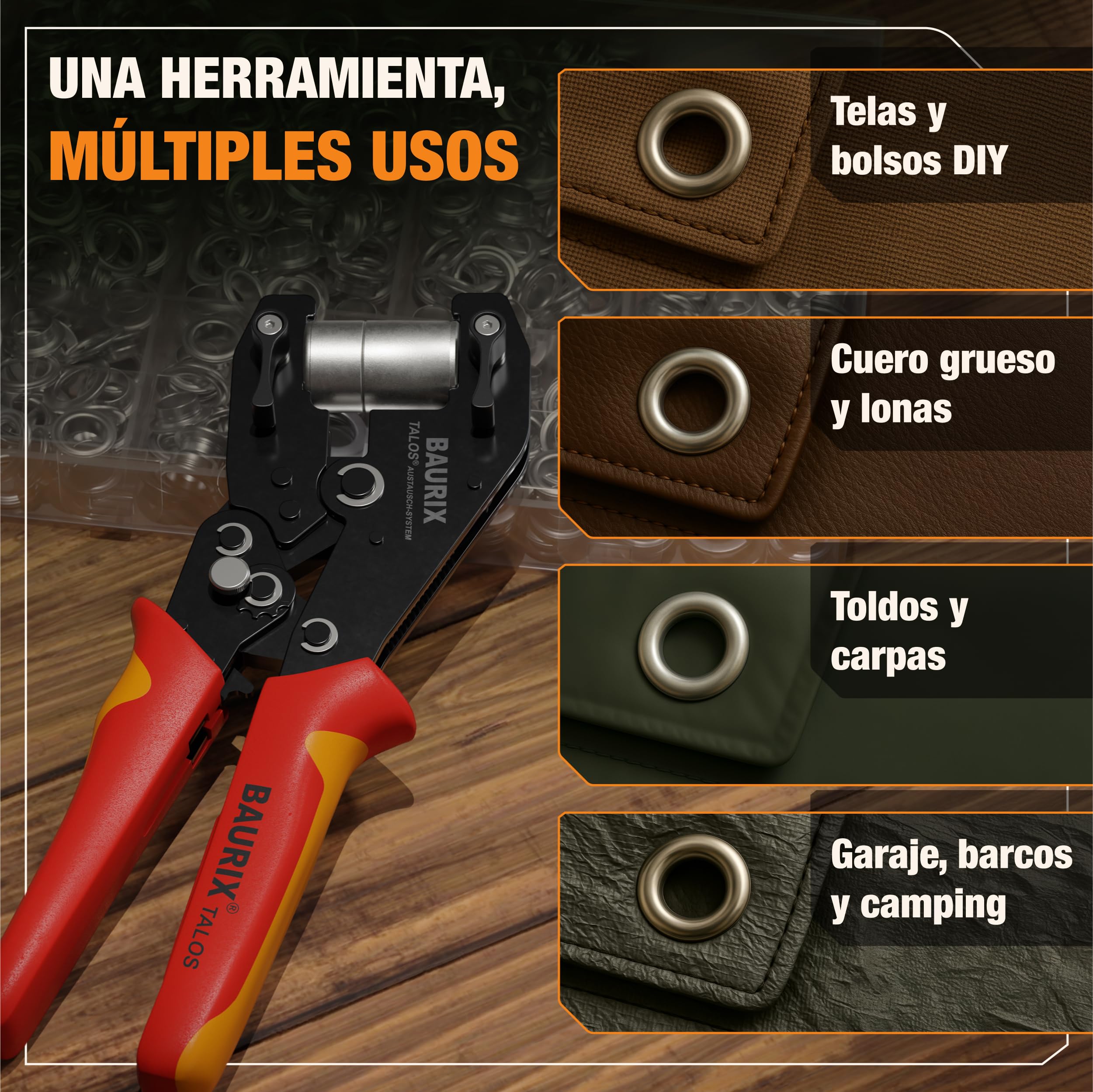 BAURIX® Alicate para Ojales con 200 Ojetes de Metal (Ø10mm) – Perforación Automática sin Troquelado Previo – para Lonas, Telas, Cuero y Textiles – ideal para Bricolaje y Costura - TALOS