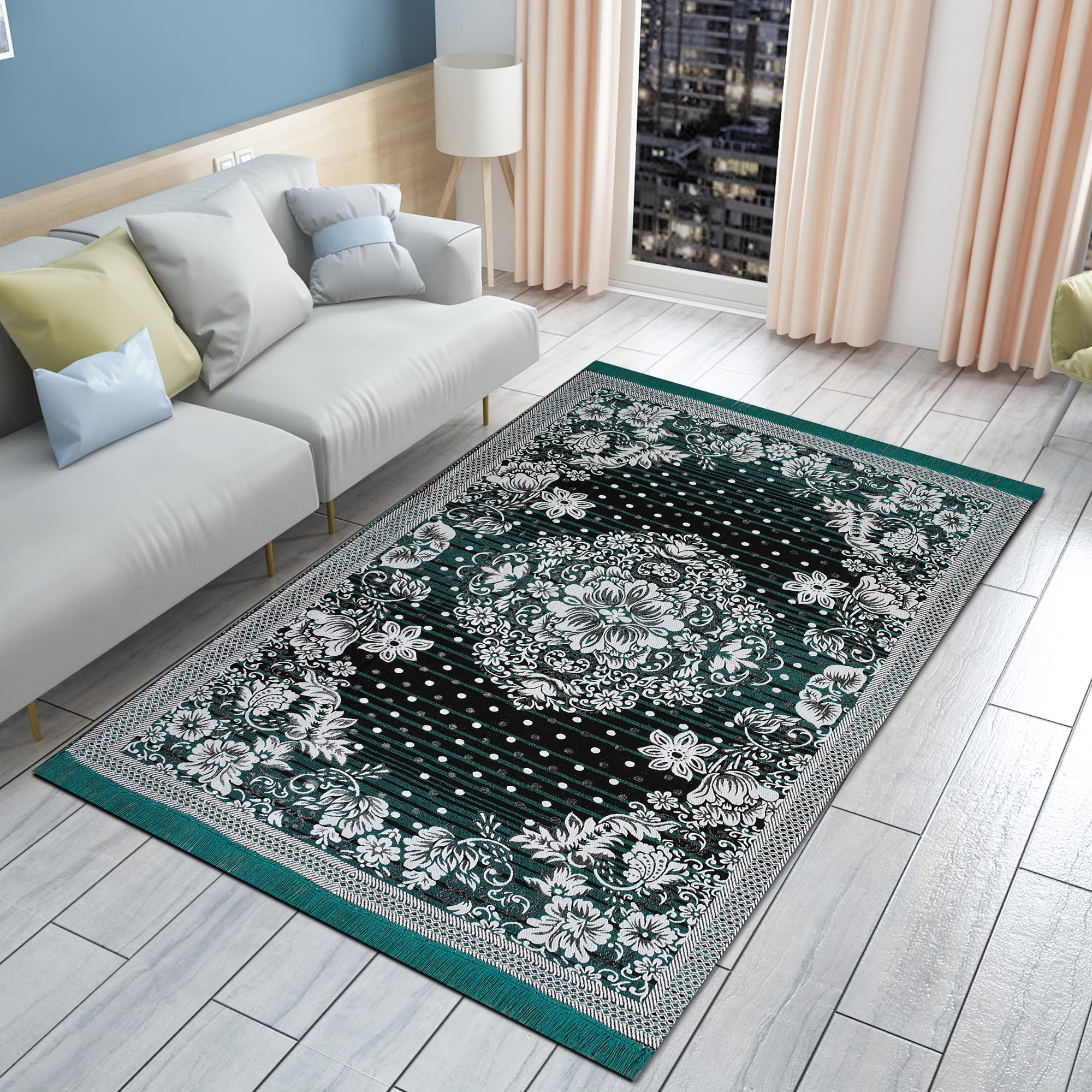 Floral Design Cotton Carpet 5x7 feet for Living Room Bedroom Home Decor Carpets Mat (Feroji Color)