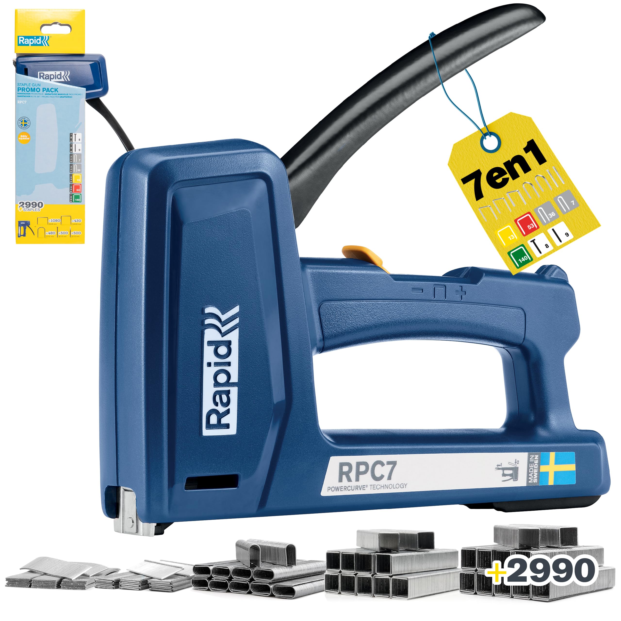 Rapid RPC7 Grapadora Manual Pesada 7-en-1 para Madera y Tapicería, Grapas y Clavos Incluidos, 2990 piezas, Versátil para Bricolaje, Cables y Alfombras, 50% Más Fácil de Presionar, Fabricado en Suecia