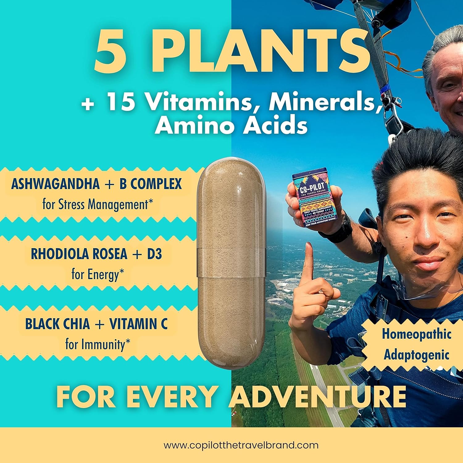 Co-Pilot All-in-1 Travel Supplement: No Jet Lag + Ashwagandha, Rhodiola, D3+ for Immune Support, Energy, Digestive Health | Airplane Travel Essentials Multivitamin | Vegan & Gluten Free
