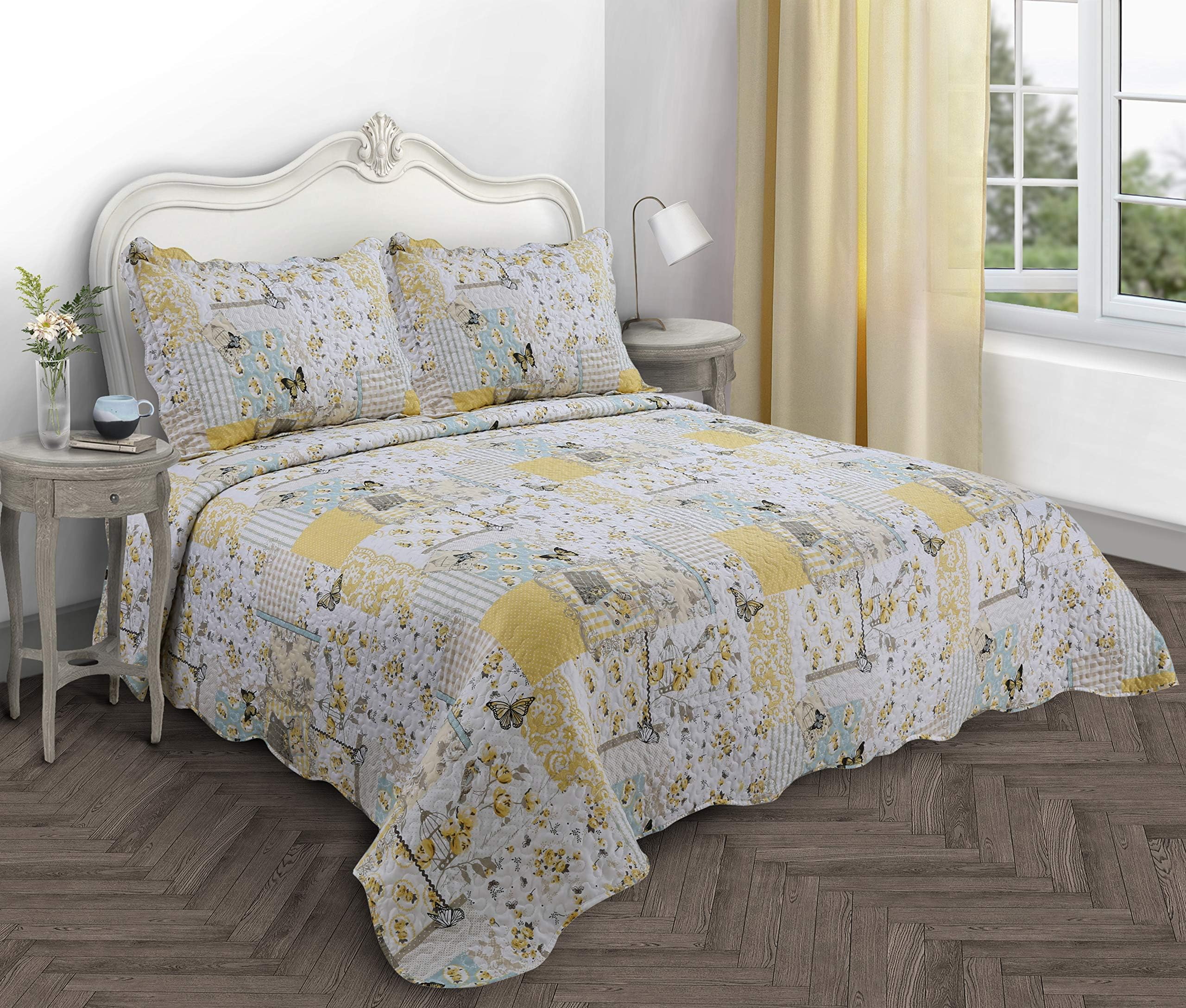 Quilted Patchwork Vintage Country Shabby Chic Comforter Bedspread / Bed Throw Vintage Floral Yellow Birds Boutique (Double Bed)