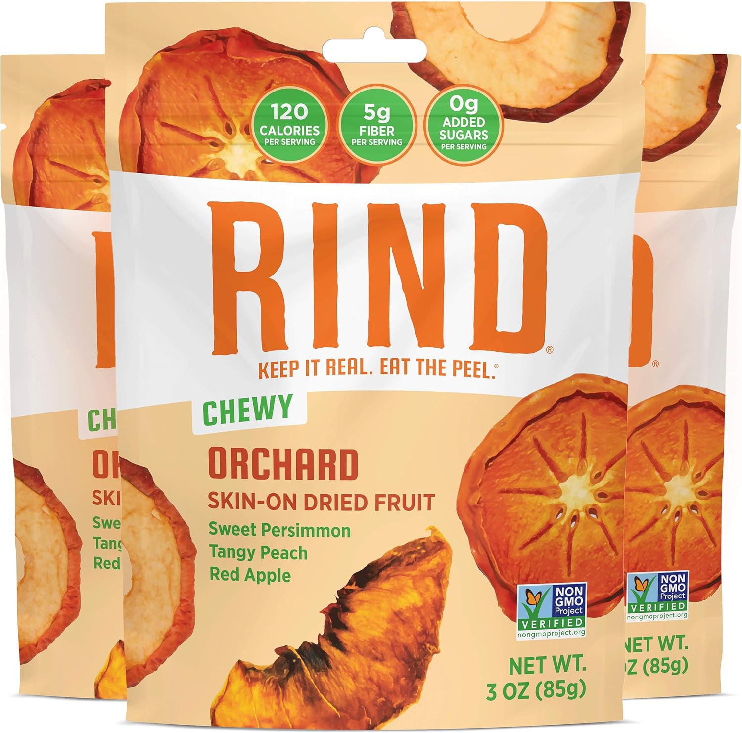 RIND Snacks | Orchard Blend | Persimmons, Apples & Peaches | Dried Fruit Superfood | Chewy Snack | All Natural | Fiber Rich | Vitamins A, C, & E | Gluten Free | Vegan | Fruit Snacks | 3 oz | 3 Pk