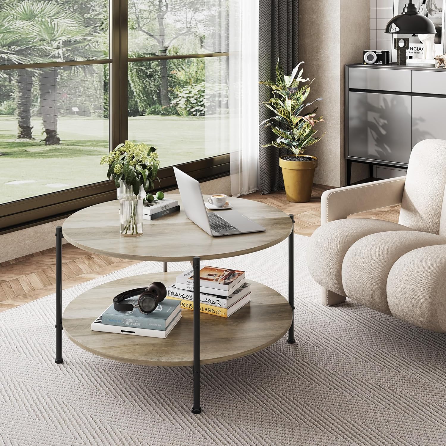 WLIVE Round Coffee Table for Living Room, 32.6" Small Coffee Table with Open Storage Shelf, 2-Tier Industrial Circle Wood Center Table for Bedroom, Home Office, Grey