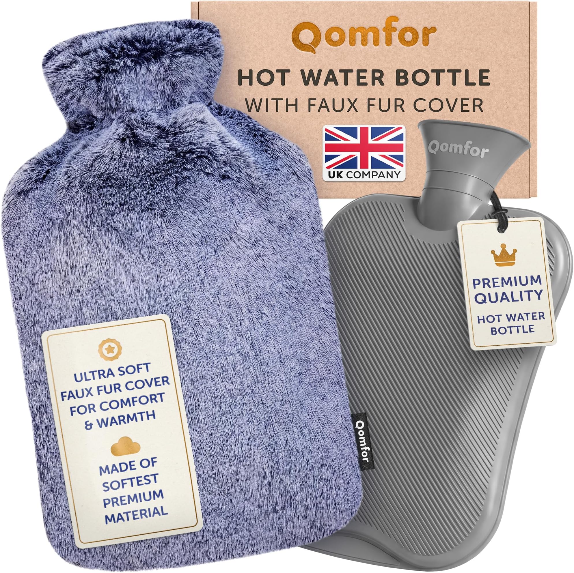 Hot Water Bottle with Soft Fluffy Cover, Blue, 2 L