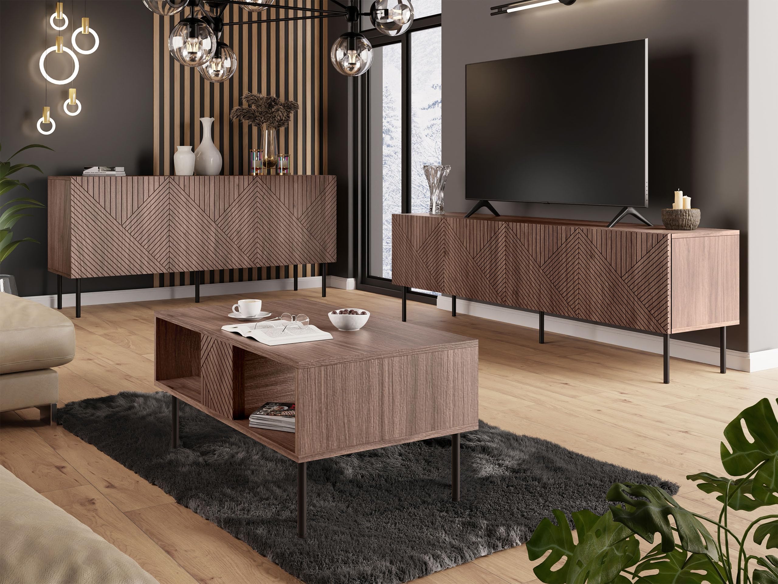 Mirjan24 Wohnzimmer-Set Aropo I, Wohnzimmerschrank, gefräster Front, Griffloses Öffnungssystem, Kommode mit 3 Türen, 6 Fächer, TV-Lowboard mit 4 Türen und 4 Fächer, Couchtisch (Nuss Warmia)