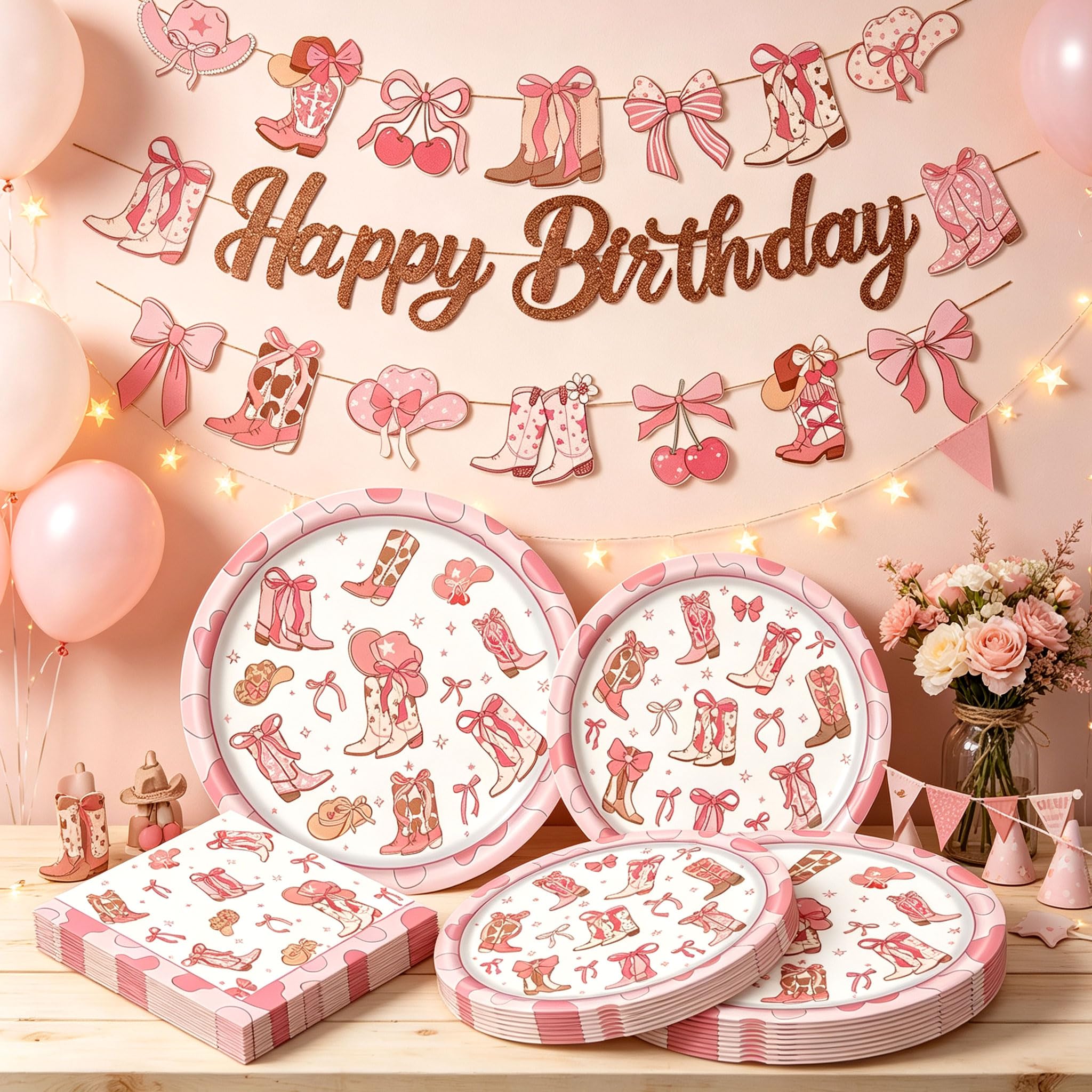 Pink Bow Cowgirl Happy Birthday Banner Western Cowgirl Plates Napkins