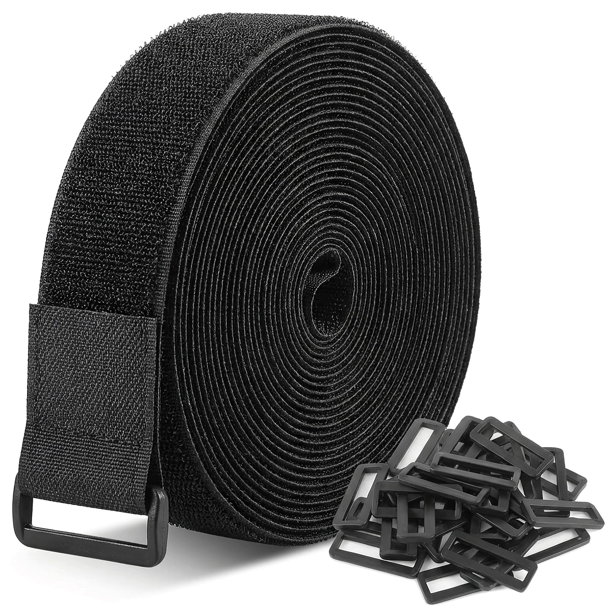 5 Metre Roll Heavy Duty Strips with 25 Buckles, Cable Ties, Cut to Length Reusable Hook and Loop Cable Ties Organizer for Home Office Garage Storage, Black
