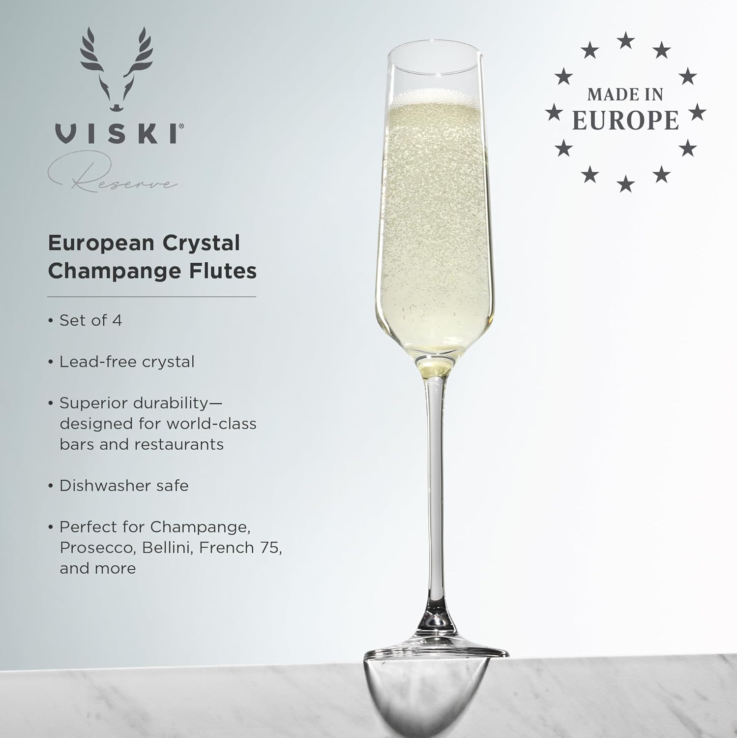 Viski Reserve Inez Champagne Flutes, Elegant Crystal Clear Champagne Glasses Gift Set for Sparkling Wine, Prosecco, Mocktails, Housewarming, Wedding Gifts, Home Bar, 6 oz, Set of 4