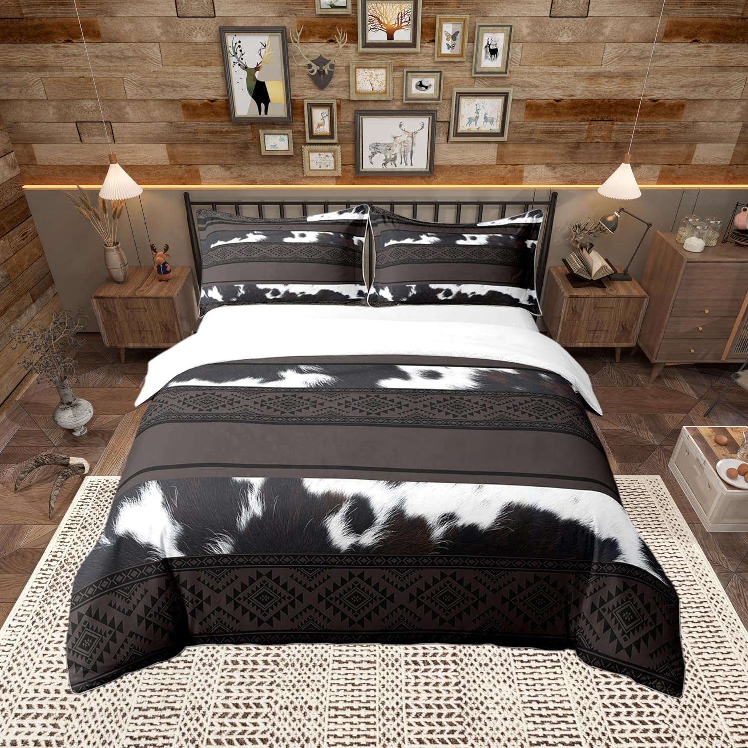 Cotton Western Cowhide Print Duvet Cover (Not Comforter),Wild Cow Skin Tribal Geometric Pattern Comforter Cover,Retro Country Abstract Geometric Stripes Comforter Cover 3 Pcs with 2 Pillowcases King