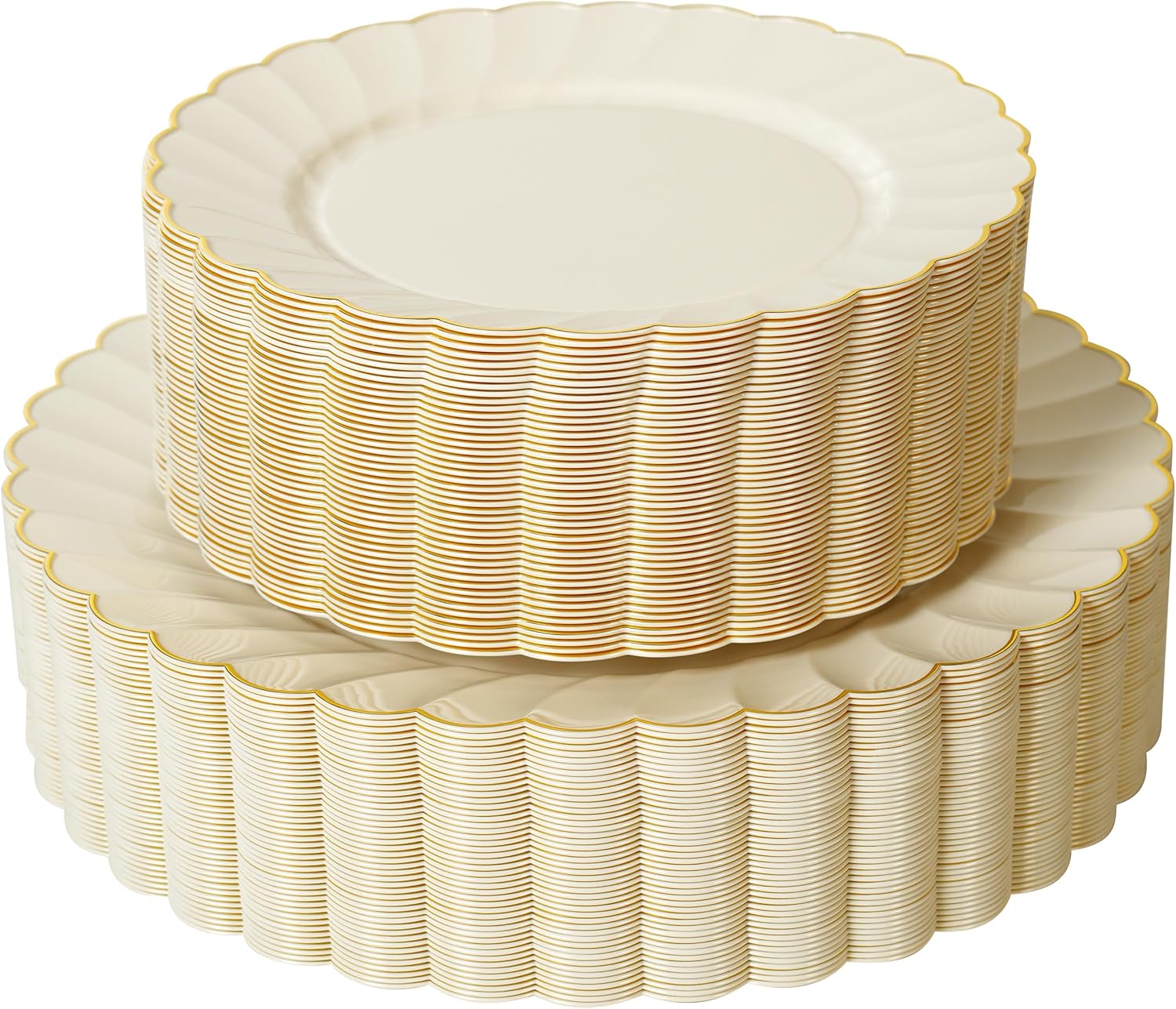 72PCS Ivory Scalloped Plastic Plates for 36 Guests, Elegant Fancy Disposable Plate with Gold Rim for Wedding Party, 36 Dinner Plates, 36 Dessert Plate for for Party, Bridal Showers