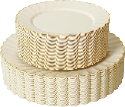 72PCS Ivory Scalloped Plastic Plates for 36 Guests, Elegant Fancy Disposable Plate with Gold Rim for Wedding Party, 36 Dinner Plates, 36 Dessert Plate for for Party, Bridal Showers