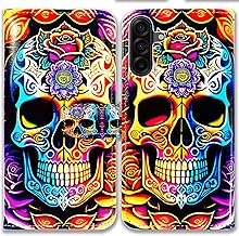 Bcov Case For Galaxy A17 5G,Colorful Mandala Skull Flowers Leather Flip Phone Case Wallet Cover with Card Slot Holder Kickstand Case For Samsung Galaxy A17 5G