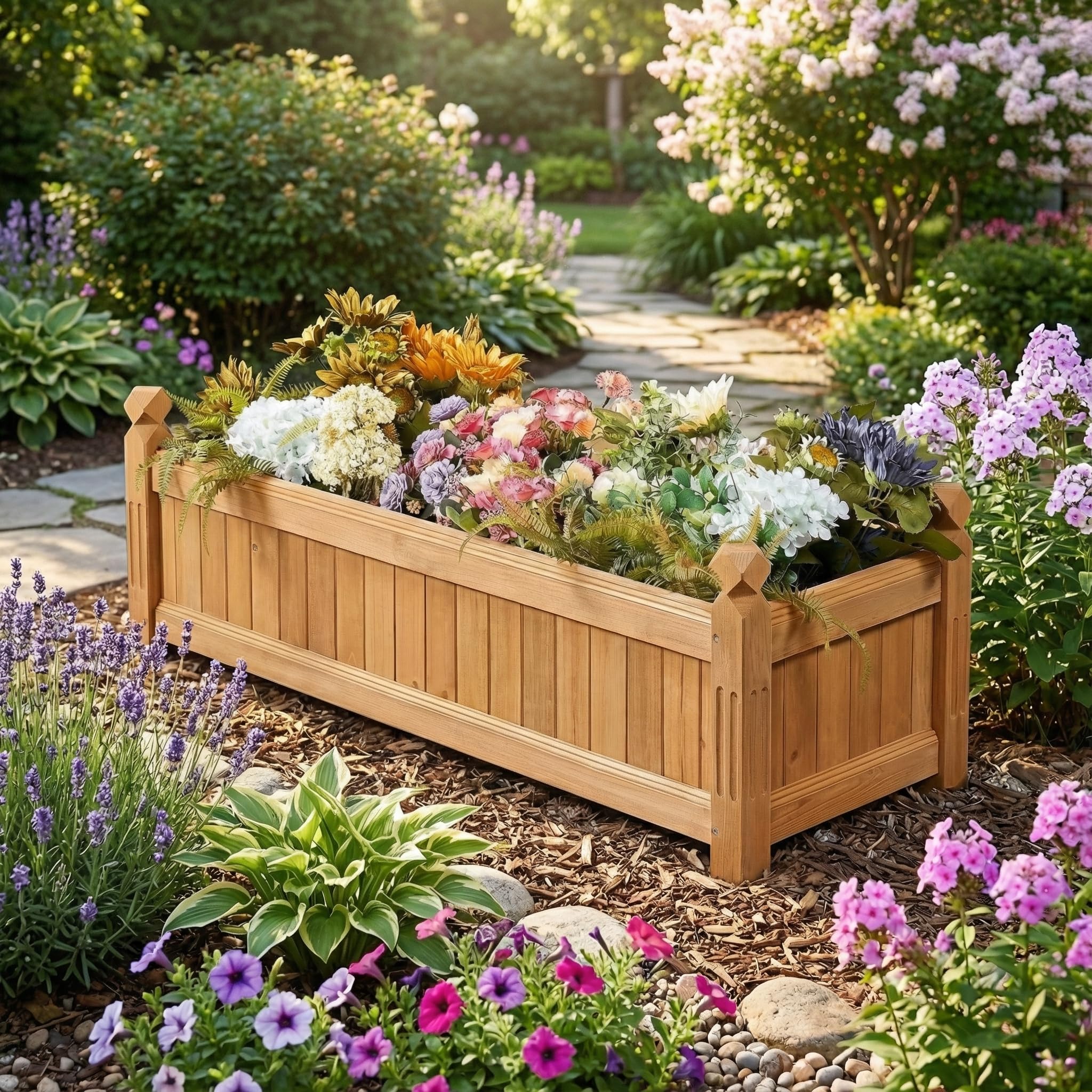 Aptliton Wooden Raised Garden Bed 110x40x35cm, Rectangular Elevated Planter Box with Drainage, Outdoor Indoor Plant Pot for Vegetables Herbs Flowers, for Garden Patio Backyard Lawn