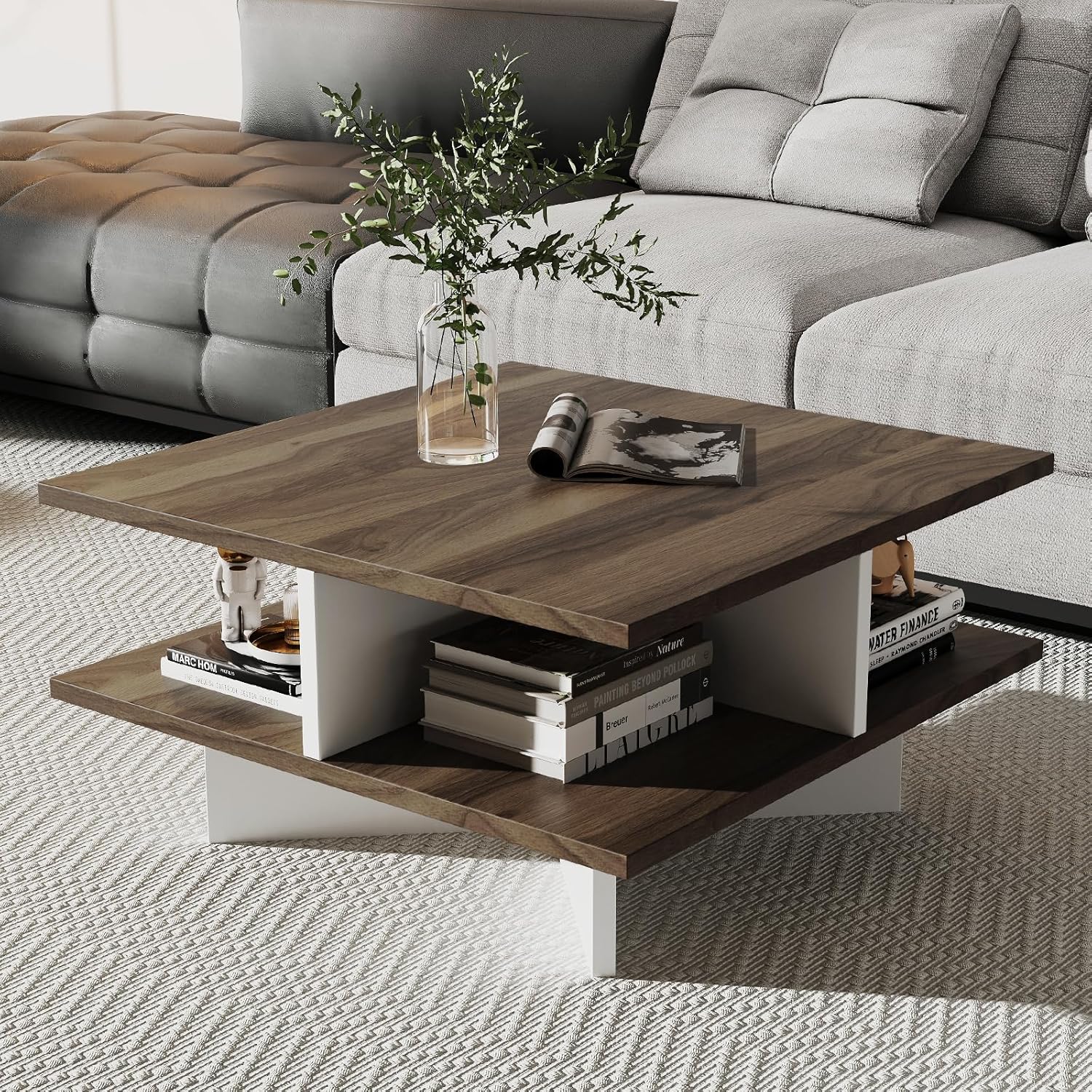 GOFLAME Farmhouse Coffee Table with Storage, 2-Tier Square Center Table with 4 Storage Compartments & Cross-Shape Base, Modern, Wood Tea Tables for Living Room, Lounge, Walnut + White