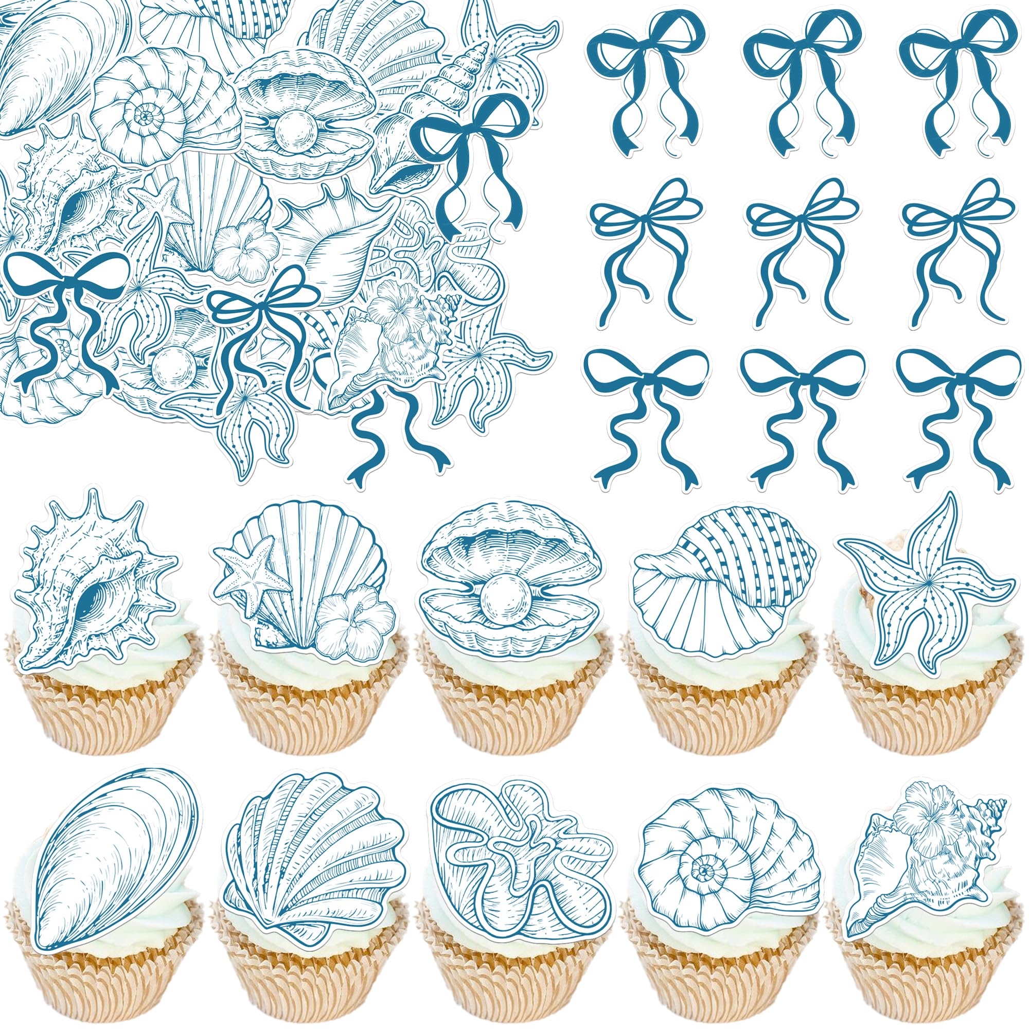 Xsstarmi 60 Pack Bownot Shells Edible Cupcake Toppers Rice Paper Sketching Starfish Shells Marine Organisms Picks for Summer Beach Theme Baby Shower Wedding Birthday Party Cake Decorations Supplies