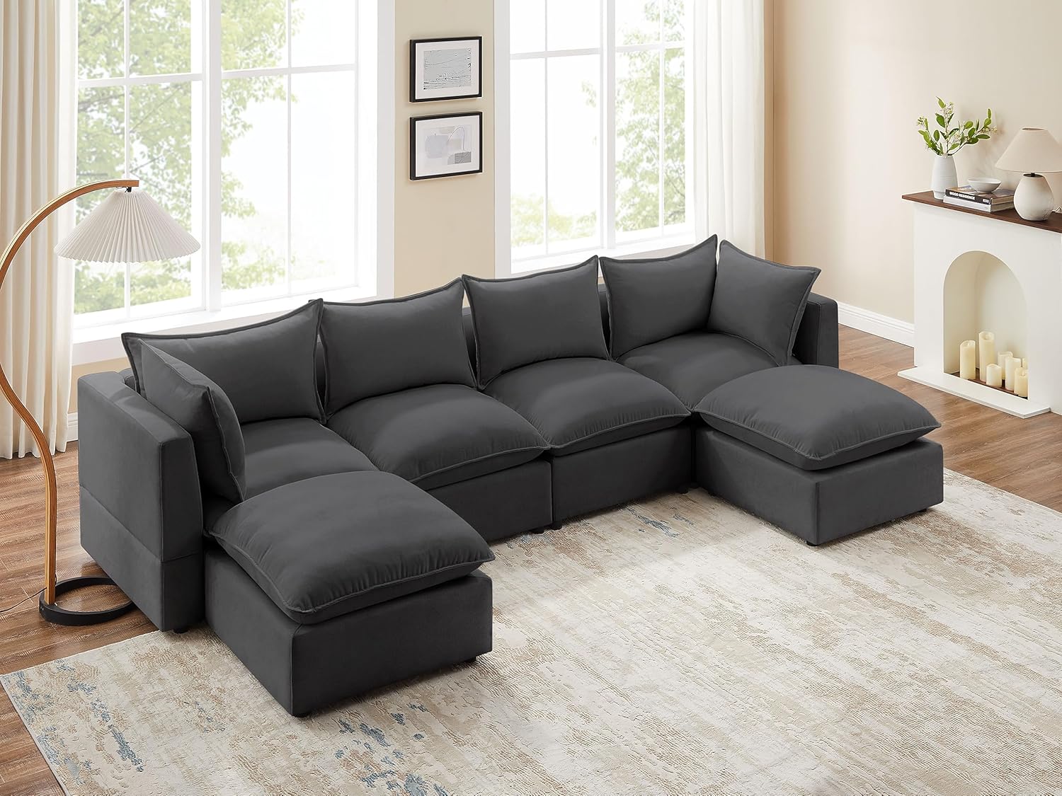Modular Sectional Sofa, Convertible U Shaped Sofa Couch, Modular Sectionals with Ottomans, 6 Seat Sofa Couch with Chaise for Living Room (Dark Gray, U Shape)