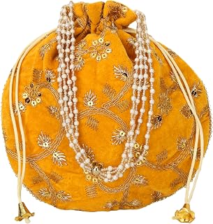 Craft Trade Women's Cotton Embroidered Potli Bag with Drawstring and Pearl Handle Pouch Golden Work Ladies Purse for Bridal