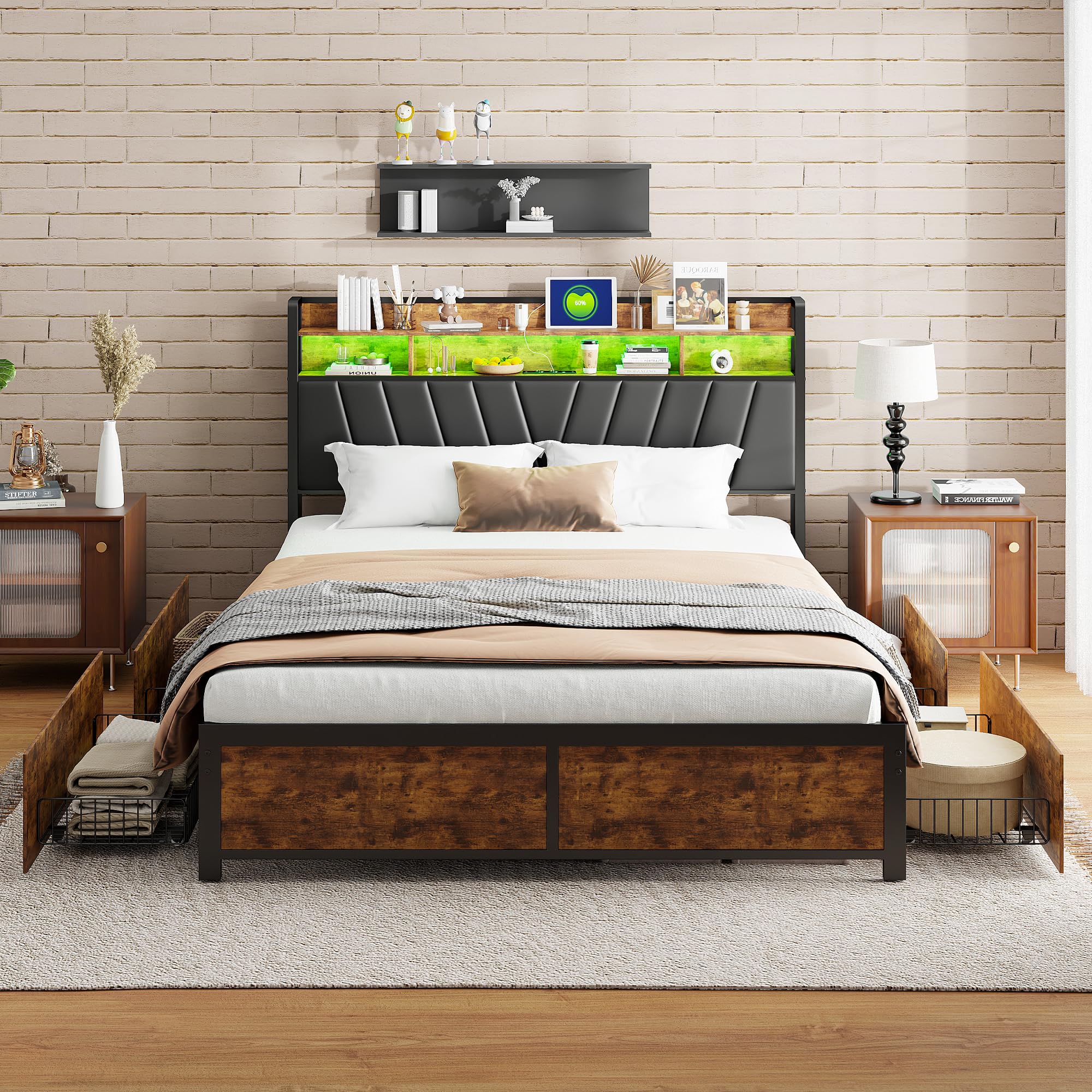 Cama doble de 140 x 200 cm con somier de láminas de metal, estructura de cama de 180 x 200 cm con enchufes, puertos USB y conectores tipo C, cama de metal de 180 x 200 cm con cabecero acolchado