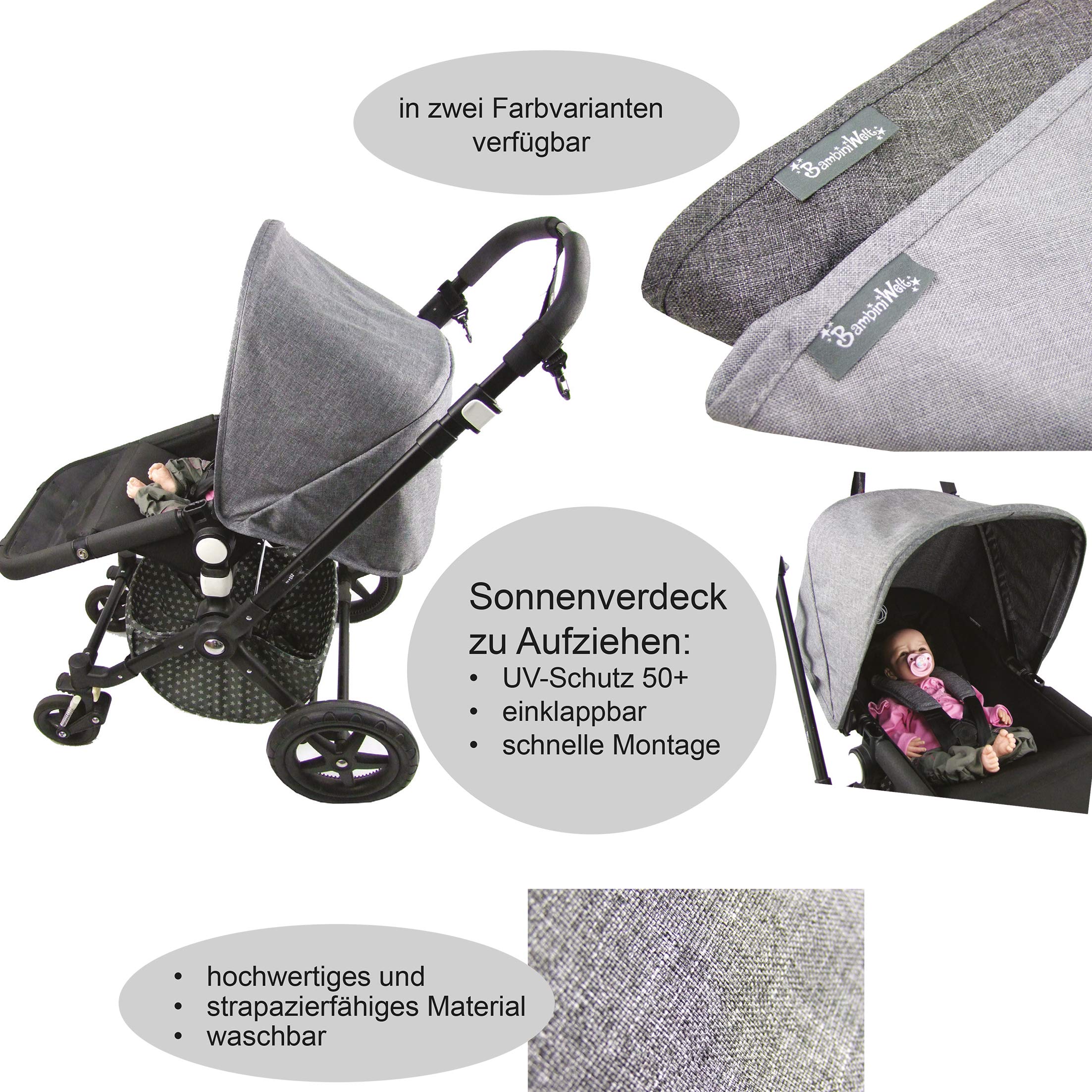 BAMBINIWELT Accessoires compatibles avec capote de soleil Cameleon Bugabo - Housse de guidon pour poussette et poussette (capote chiné gris foncé)